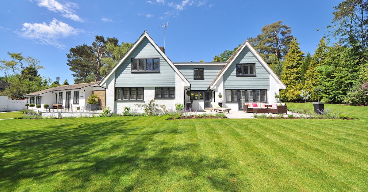 modern family home exterior showcasing a large lawn and garden under a clear blue sky